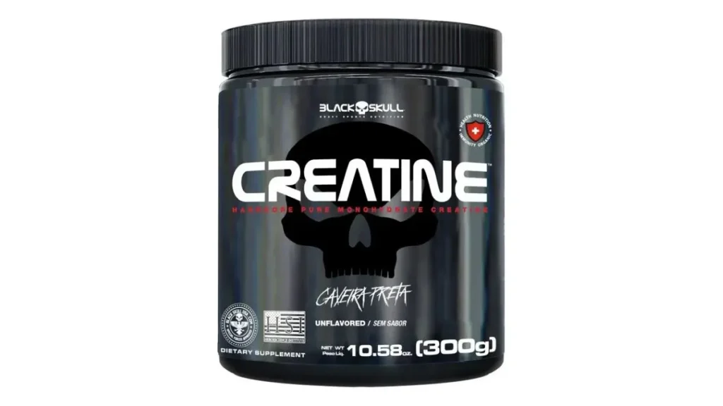Um pode de 300g de creatina sem sabor da marca Black Skull está sendo mostrado na imagem. E a pergunta que não quer calar é: A creatina da Black Skull é boa?